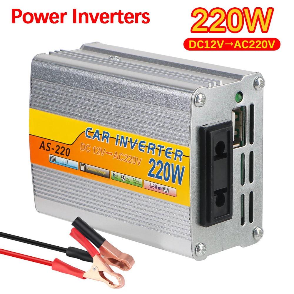 220W Wechselrichter Tragbarer, im Auto montierter Solarwechselrichter USB-Spannungswandler-Konvertierung USB-Batterieclip DC 12V zu AC 220V