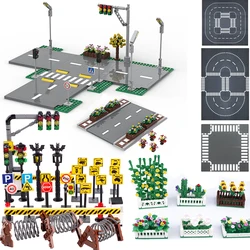 MOC City Road Street Traffic Light Baseplate Flowers Building Blocks Train Signal Indicator Accessories Compatible DiY Kids Toys