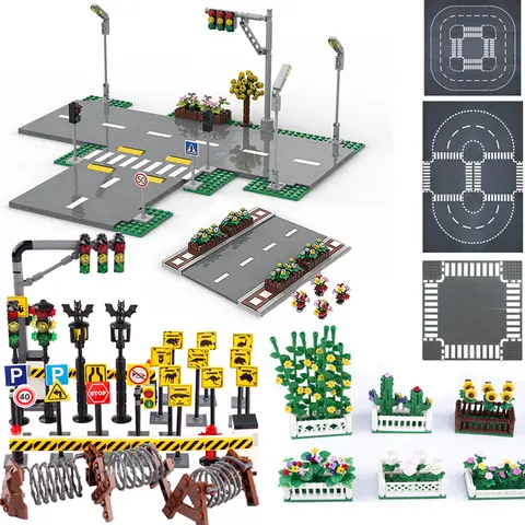MOC City Road Street Traffic Light Baseplate Flowers Building Blocks Train Signal Indicator Accessories Compatible DiY Kids Toys