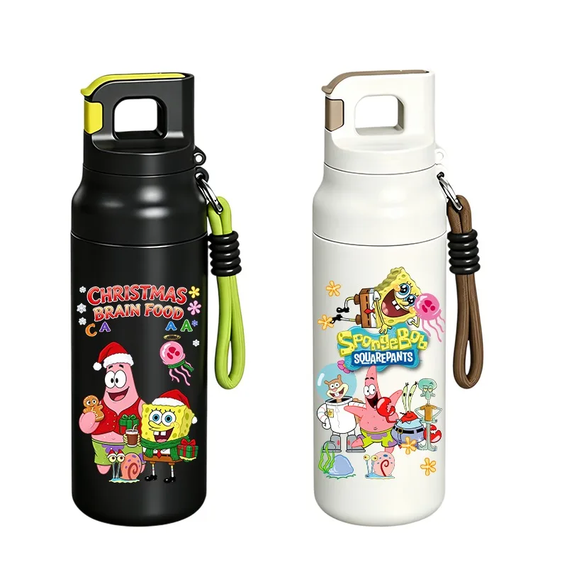 SpongeBob Christmas Stainless Steel Water Bottle Portable Insulated Tumbler with Lanyard, Kids Travel Thermos Cup Holiday Gift