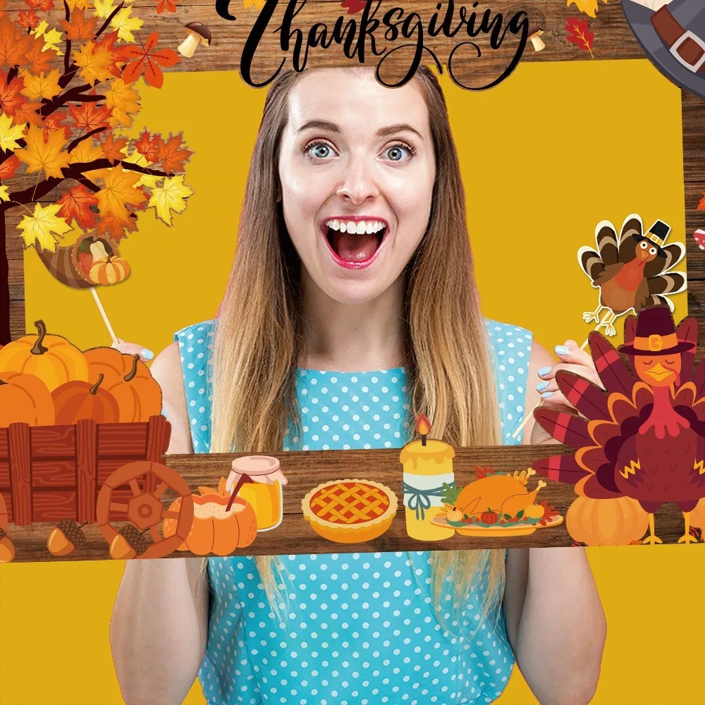 21pcs Cartoon Thanksgiving Photobooth Prop Mask Glasses Party Paper Frame Autumn Leaves Colorful Handheld Frame Prop Photo Booth