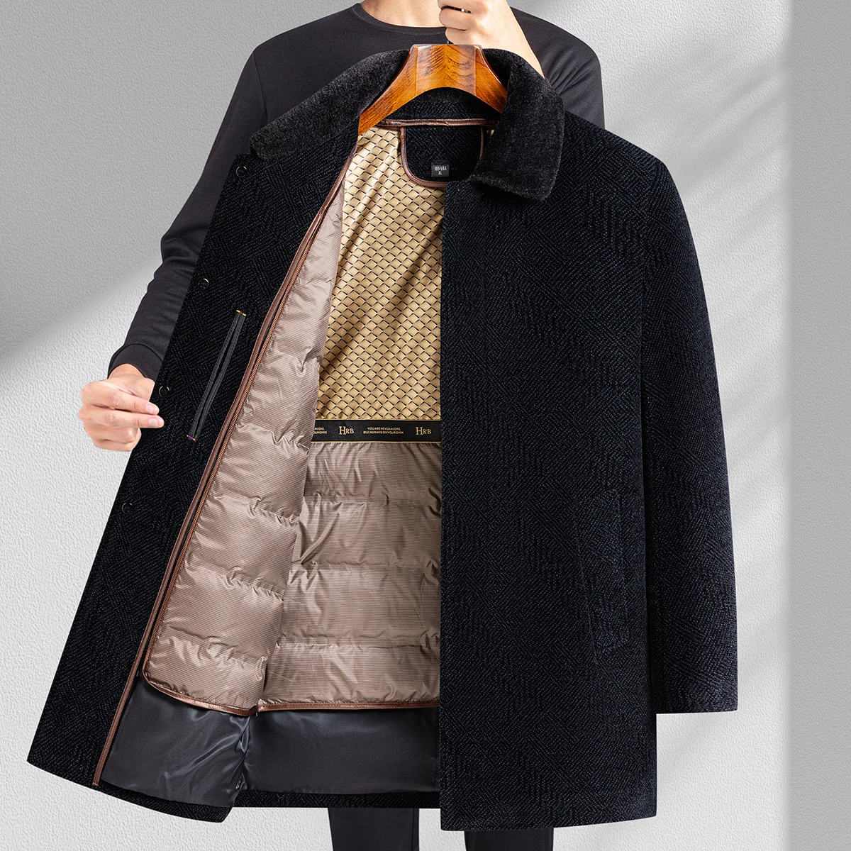 

YEAE Detachable Silk Grain Wool Coat Chenille Mid-Length Fur Collar Plus Velvet Thick Warm New Down Jacket Men's Jacket