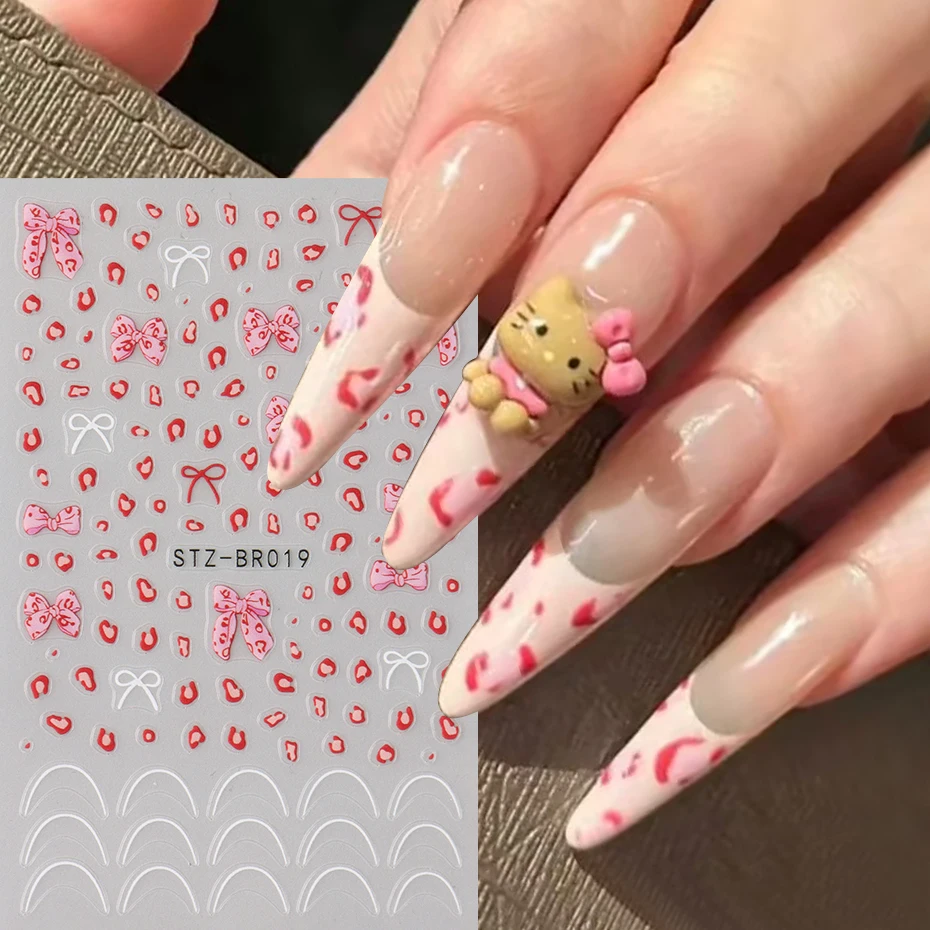 Black Brown Leopard Print Nail Stickers Bowknot French Wave Line Self-Adhesive Sliders for Nails Kawaii Cartoon Nail Design Deco