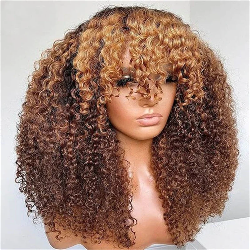 

26“ Soft Glueless Kinky Curly Machine Wig with Bangs Ombre Brown Blonde Long 180Density For Women BabyHair Preplucked