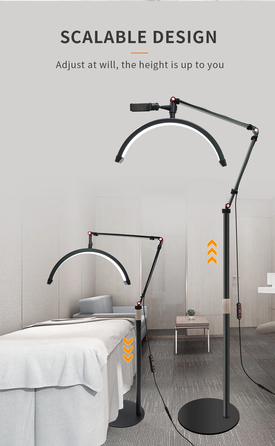 16-Zoll-LED-Halbmond-Wimpernlicht, Temperatur 3000 K–6000 K, Boden-LED-Ringlampe für Schönheitsgesichtsbehandlungen, Hautpflege, Tattoo, Augenbrauen, Filmen – Detail 2