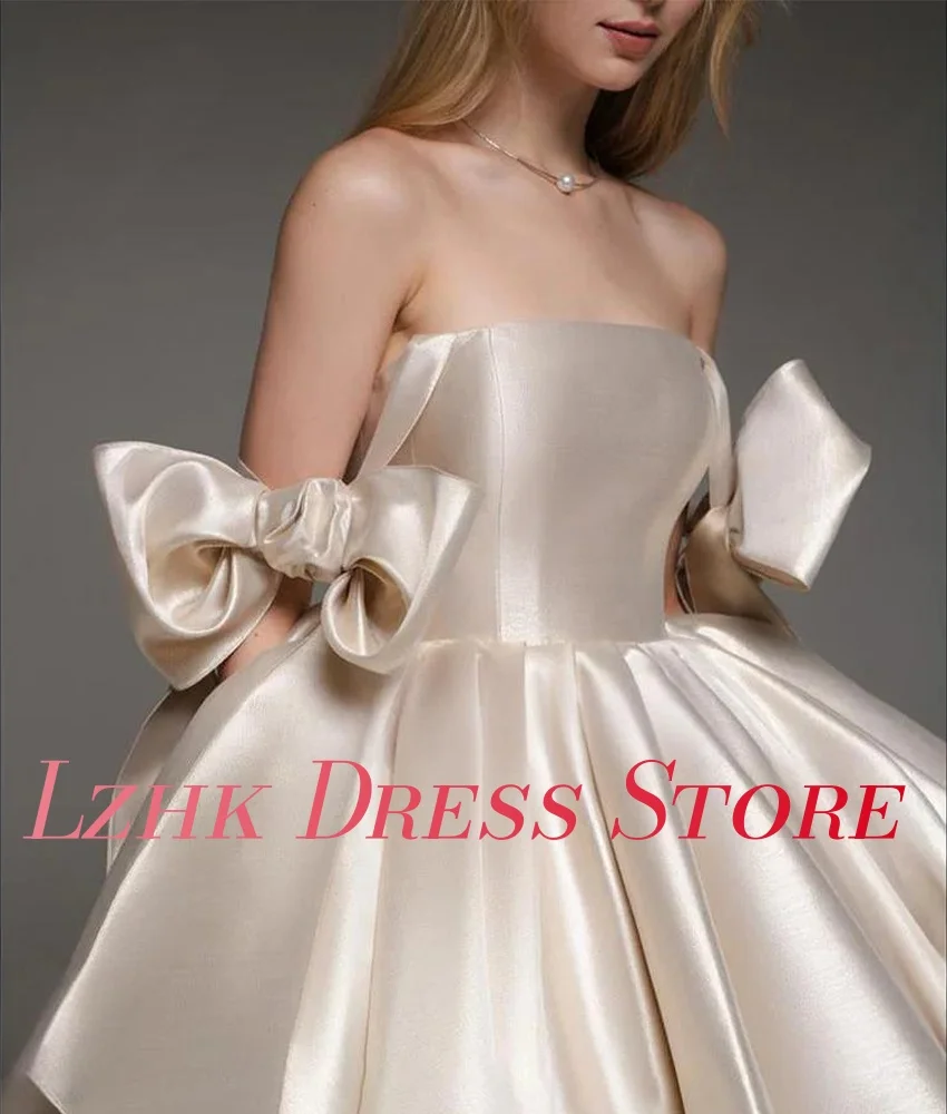 Abito da sera con fiocco 3D con spalline a trapezio in raso grazioso personalizzato Abiti per occasioni speciali senza maniche senza spalline