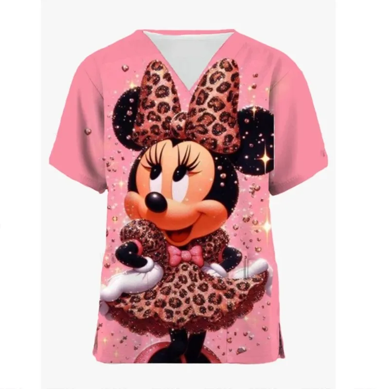 Disney Working Uniform Minnie Pocket Pet Grooming Nurse Uniform Women Short Sleeve Spa V-neck Scrub Tops Healthcare Carer Tunic