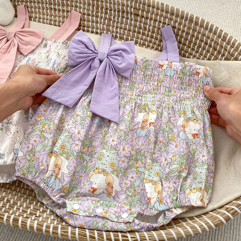 2024 Summer Baby Clothes Sweet Bow Romper for Girls Floral Sleeveless Sling Jumpsuit Newborn Bodysuit Korea Toddle Infant Onesie