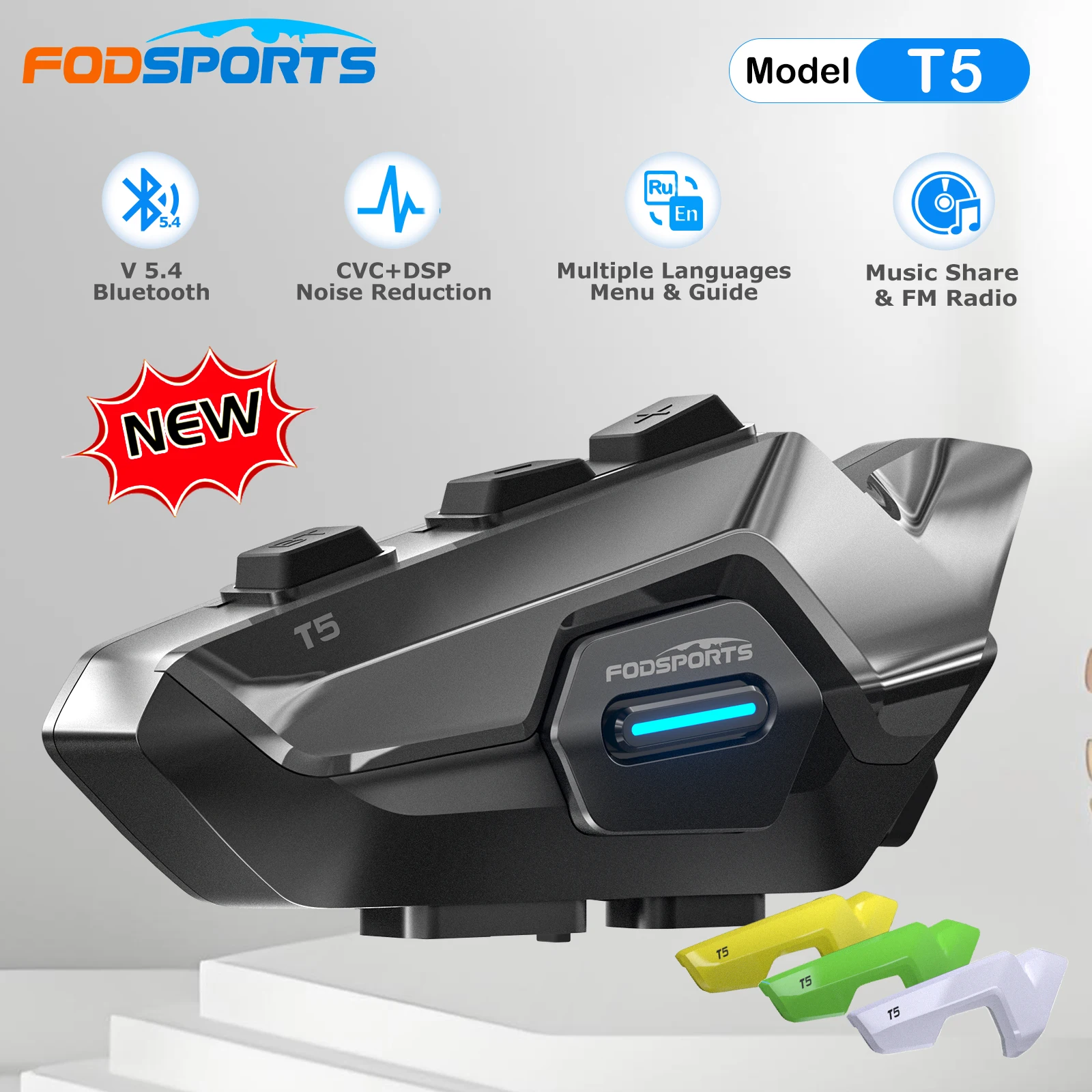 Nouveau Fodsports T5 interphone de Moto casques Bluetooth, communicateur de Moto BT5.4, partage de musique, FM, Menu de plusieurs langues