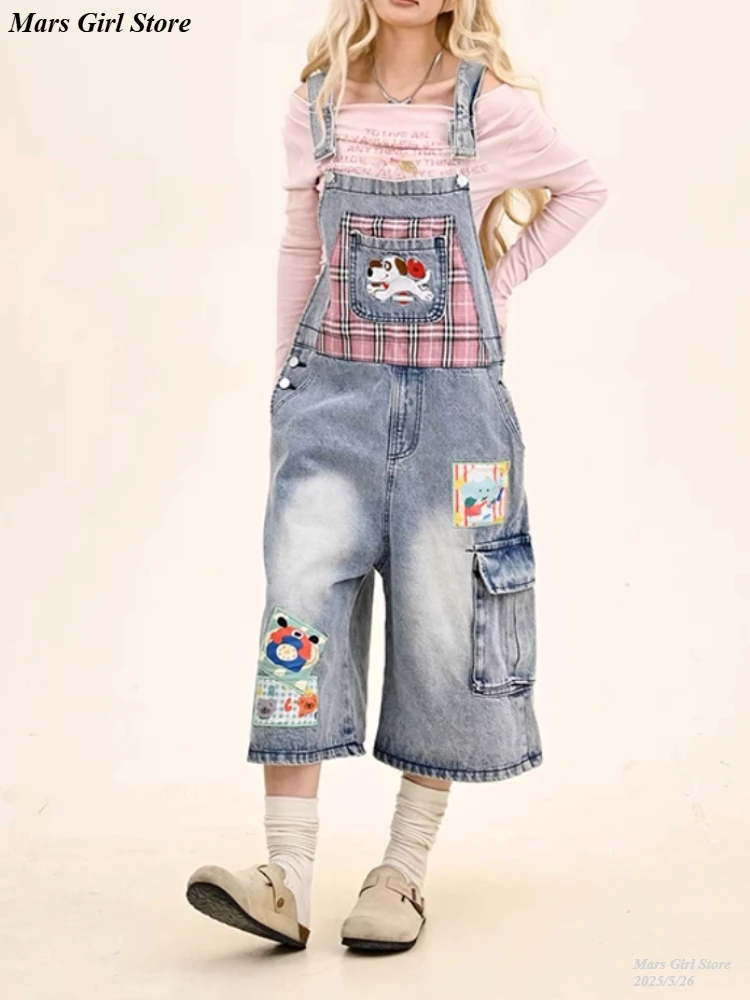 Y2K Aesthetic Cartoon Dog Embroidery Denim Overalls Women Unisex Loose Fit Washed Bib Jumpsuit Japanese Streetwear 3/4 Pants
