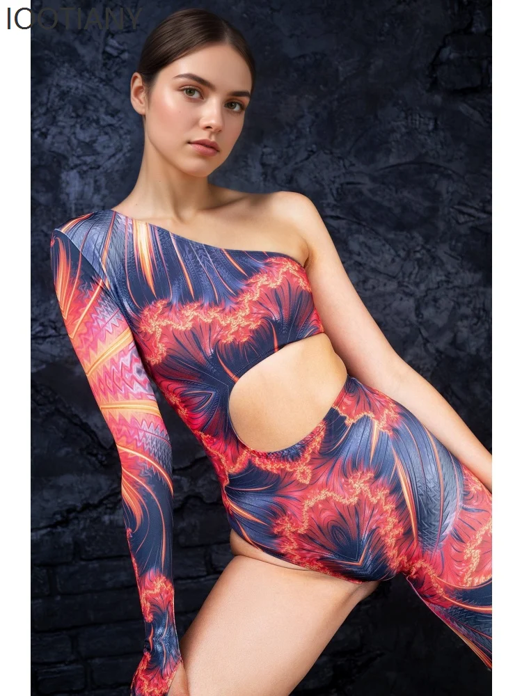 IOOTIANY Halloween Woman Fashion Colorful Printed Jumpsuit Performance Rainbow Bodysuit Holiday Cosplay Party Medieval Costume