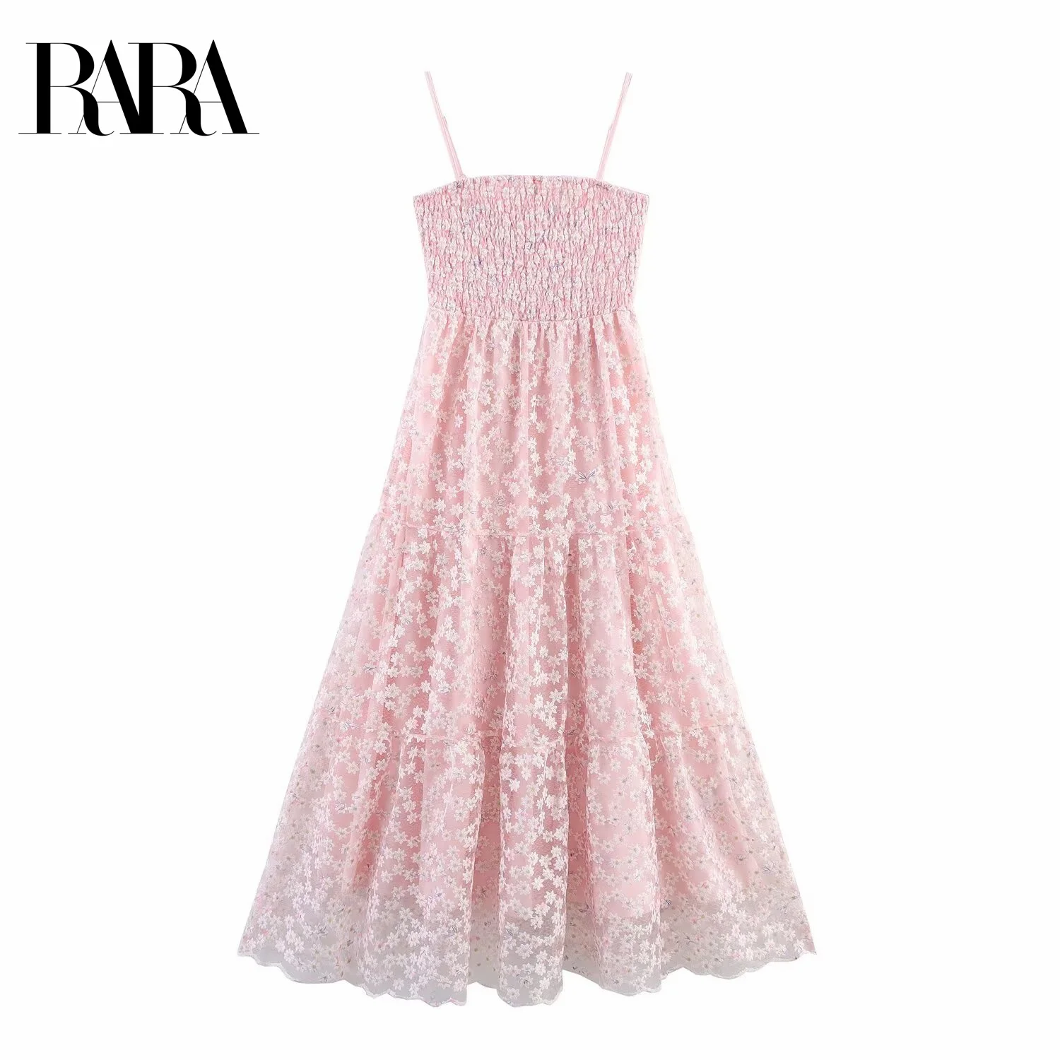 

RARA2025 new summer women's French retro temperament sleeveless waist small flower embroidery mesh suspender dress