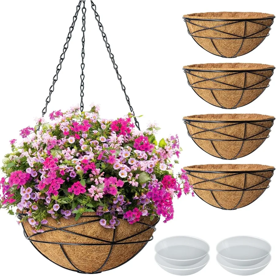

4 Pack 14 Inch Hanging Flower Baskets for Outdoor Plants Large Metal Wire Planters with Coco Liner Pot for Home Planting Black