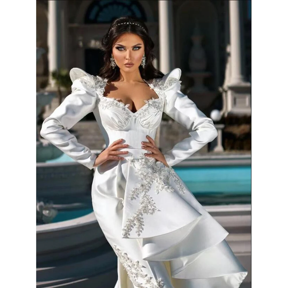 

Gorgeous White Evening Dresses Sweetheart Floor Length A-line Long Sleeves Appliques Asymmetrical High-end Women Prom Gowns
