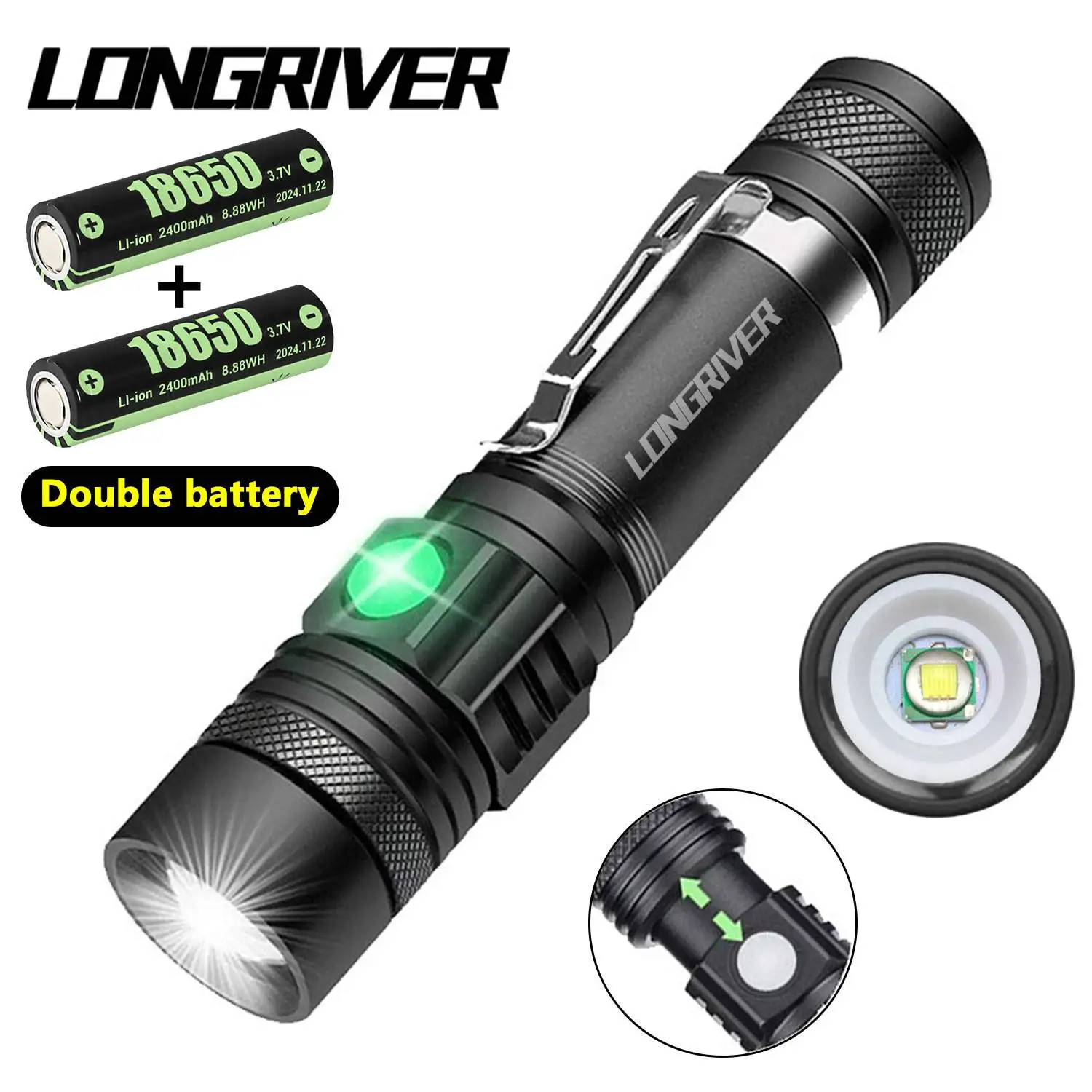 

LONGRIVER 4000LM Super Bright Flashlight T6 LED Zoomable Tactical Flashlight USB Rechargeable Torch 4 Lighting Modes For Outdoor