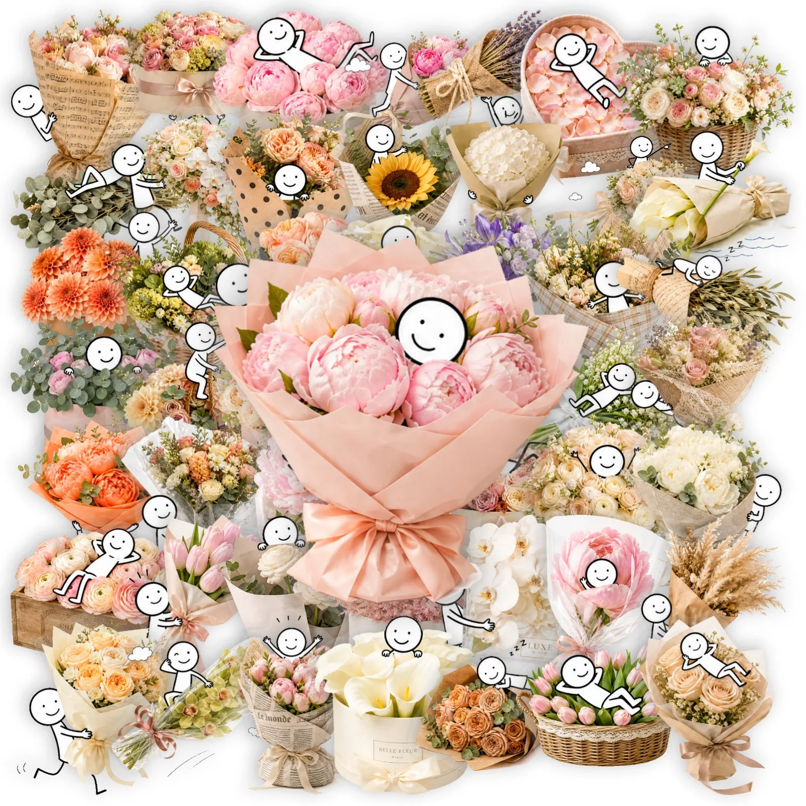 50PCS Fun Cartoon Simple Line Little Person Bouquet Exquisite Sticker Hand Account Waterproof Decals Decorate Vase Fridge Laptop