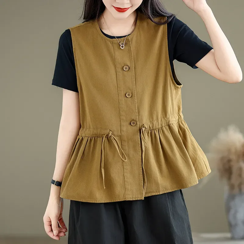 

2025 New Summer Cotton Linen Waistcoat Women Fashion O-Neck Drawstring Sleeveless Jacket Loose Leaf Edge Waistcoat Female T1260
