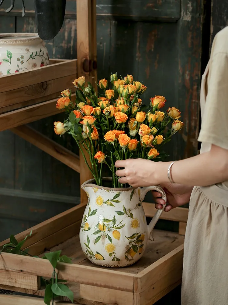 

Ceramic Flower Pot Vase Creative Vase Ornament Retro Pastoral Style Room Flower Arrangement Hydroponic Utensils Chinese Style