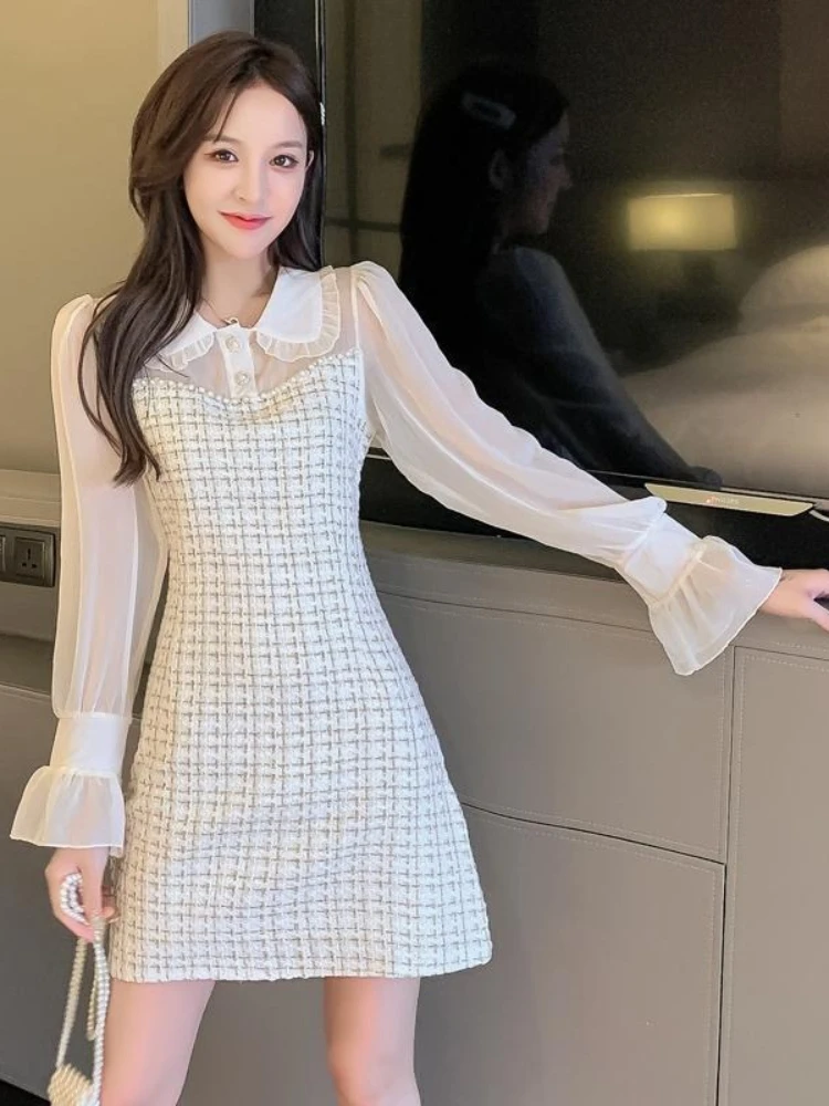 2026 Early Autumn Winter French Petite and Fragrant Style Fashionable Chiffon Patchwork Long Sleeved Dress for Women