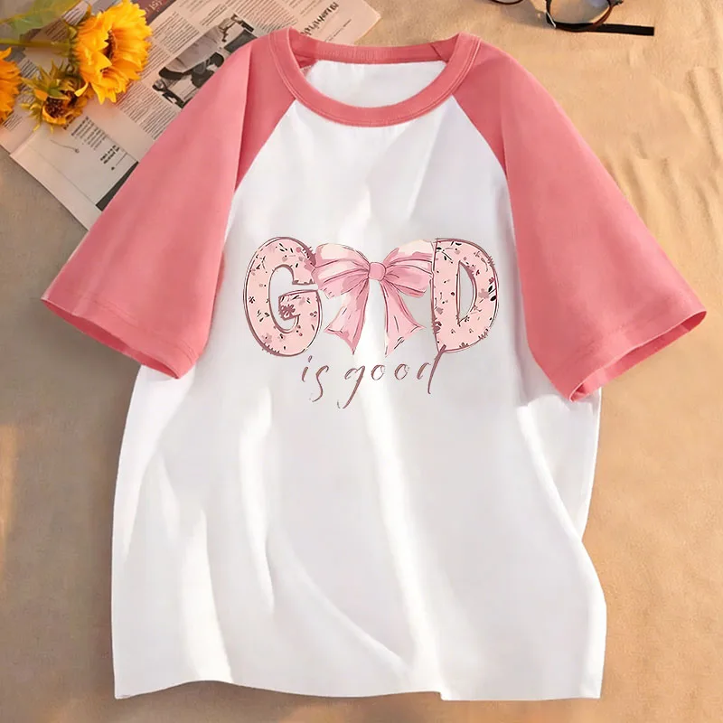 

God Is Good with Bow Deisng Graphic Kids Tshirts Summer Short Sleeve Tees Boys Girls Clothes Kawaii Tops Y2K Children T-shirt