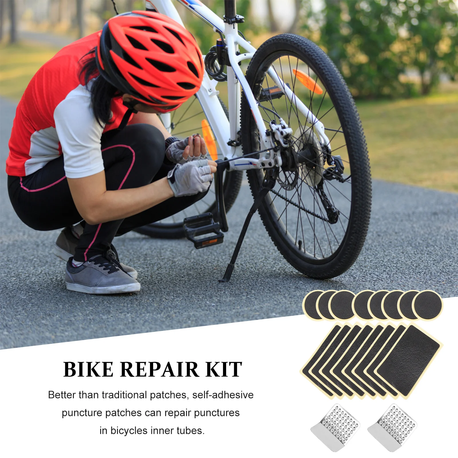 

1Set Bike Repair Patch Kit Strong Tack Stretchable Pre Taped Patches with Metal Rasp for All Standard Bike Tubes Fast Repair