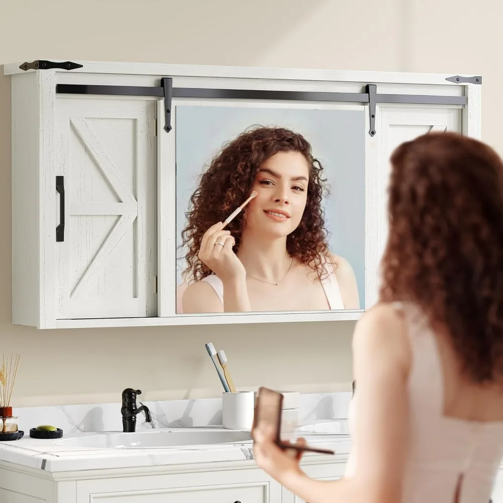 Botiquín de baño con espejo, mueble de pared grande con puerta corrediza rústica de granero