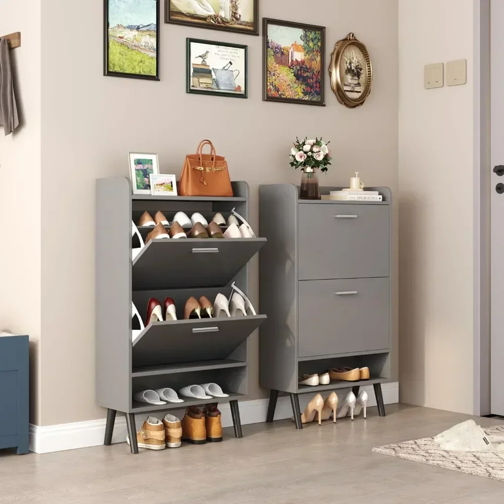 Shoe Cabinet for Entryway, with 2 Flip Drawers Narrow Shoe Rack Cabinet with Storage Shelf and Top Cubby Shoe Cabinet with Door