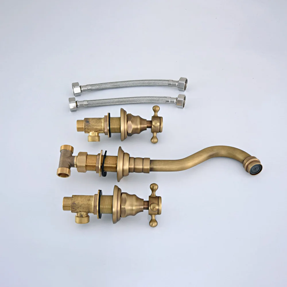 Antique Brass Double Cross Handles Wall Mounted 3 Holes Bathroom Tub Sink Faucet Mixer Tap asf527