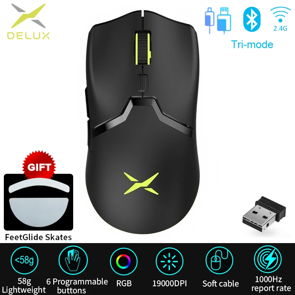 Delux M800 PRO PAW3370 Optical Bluetooth Wireless Gaming Mouse 19000 DPI Programmable Rechargeable Ergonomic Wired Mice  For PC