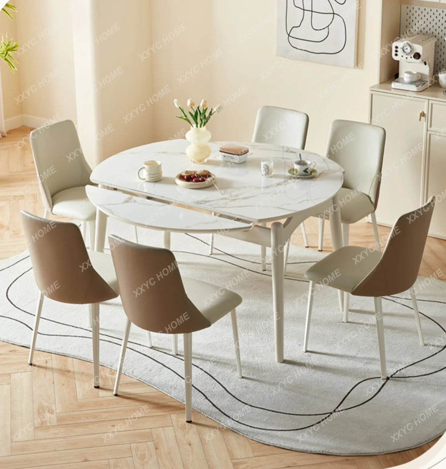 Modern Minimalist Cream Style Retractable Stone Plate Dining Table 2023 New Round Table