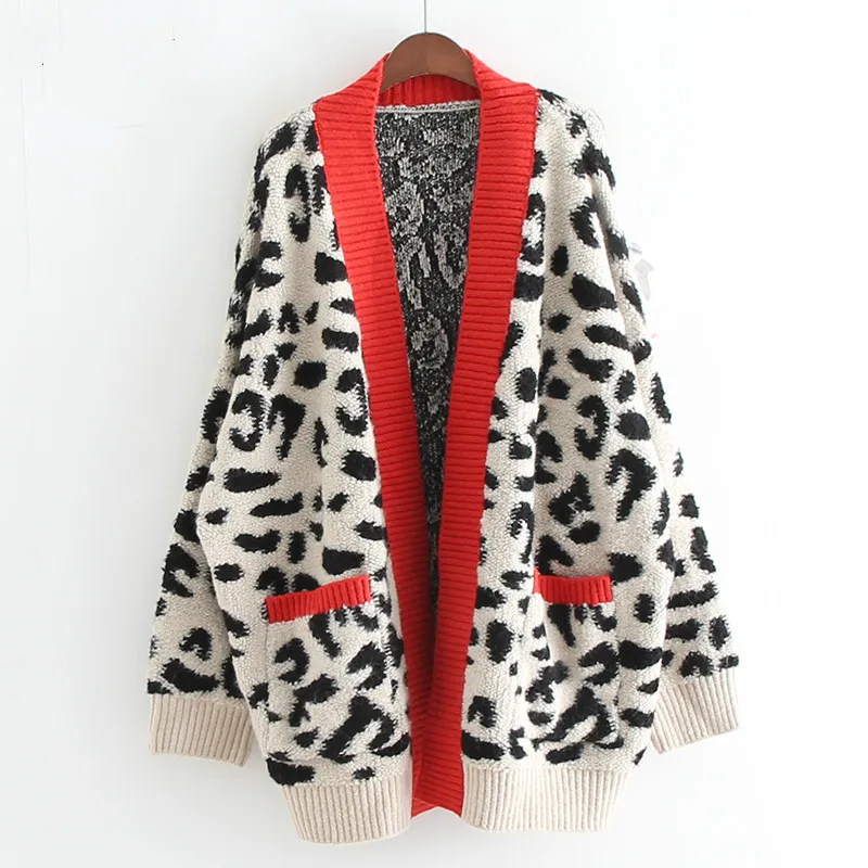 Autumn Women Fashion Long Sweater Loose Cardigans Leopard Casual Cardigans Red Yellow Oversized Knitted Jacket Outwear Winter