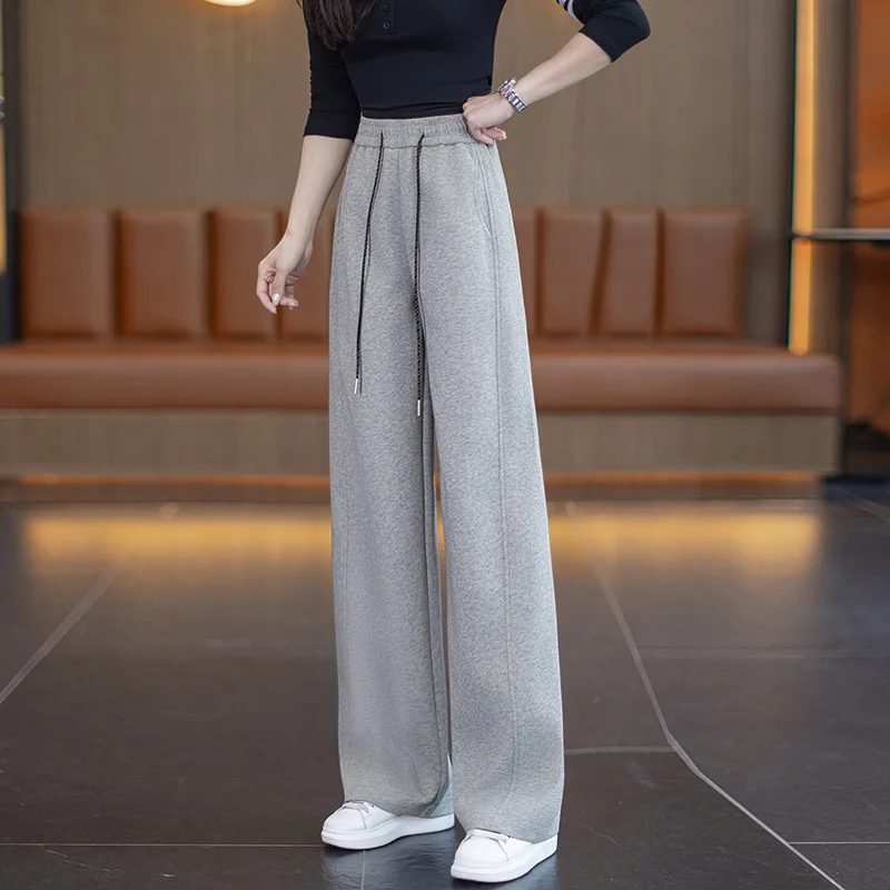 Pantaloni sportivi con coulisse in vita elastica versatile moda a vita alta Pantaloni casual Donna Autunno Nuovi pantaloni a gamba larga in tinta unita