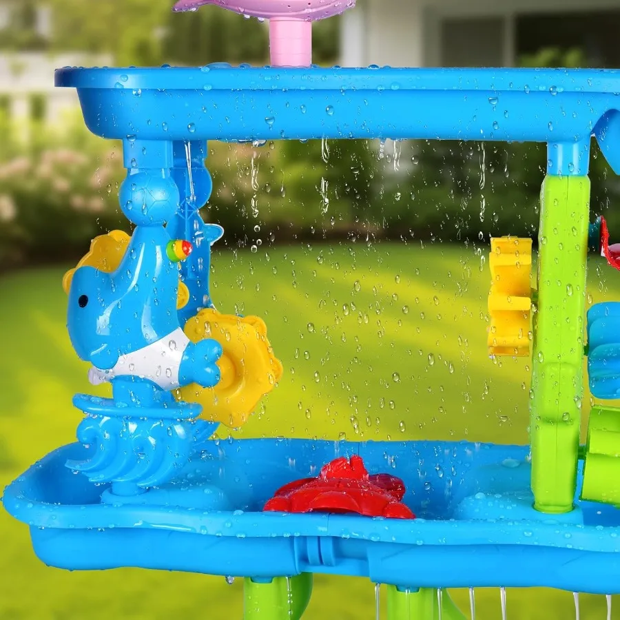 Mesa de agua de 4 niveles para niños de 4 a 8 años, duchas de lluvia, mesa de arena y agua para exteriores, mesas sensoriales para niños pequeños, verano