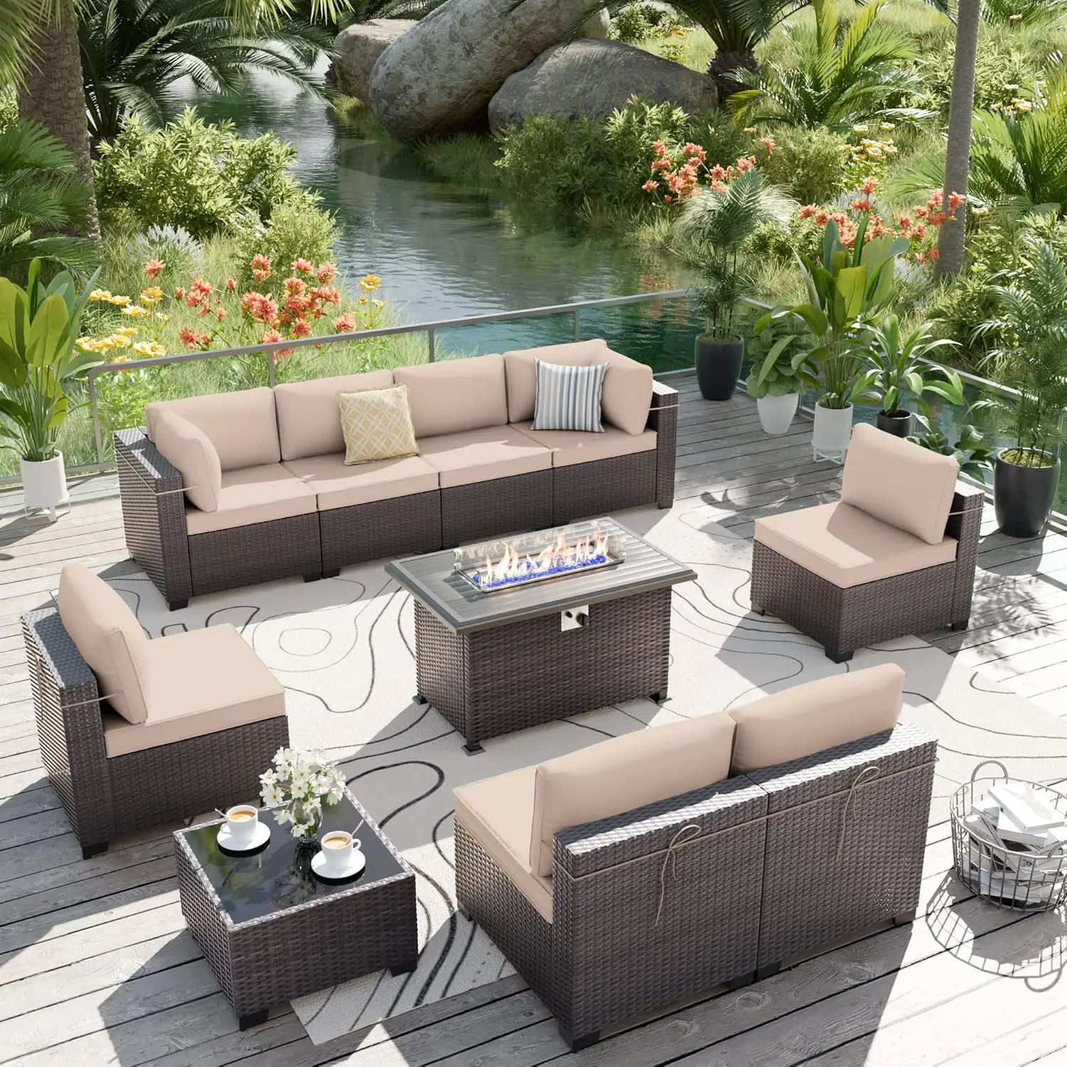 

10 Pieces Patio Furniture Set with Propane Fire Pit Table Outdoor Sectional Sofas Patio Conversation Sets 43" Gas Fire Pi