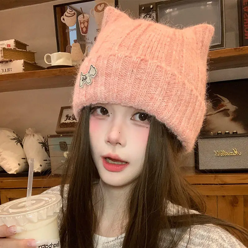 Cat Ear Bone Patch Knitted Beanie Women Winter Warm Thick Black Hat Cozy Soft Skull Cap Fashion Streetwear Beanie