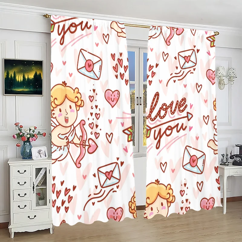 2 pieces - Valentine's Day LOVE- Printed curtain 100% polyester, suitable for home decor (excluding light poles)