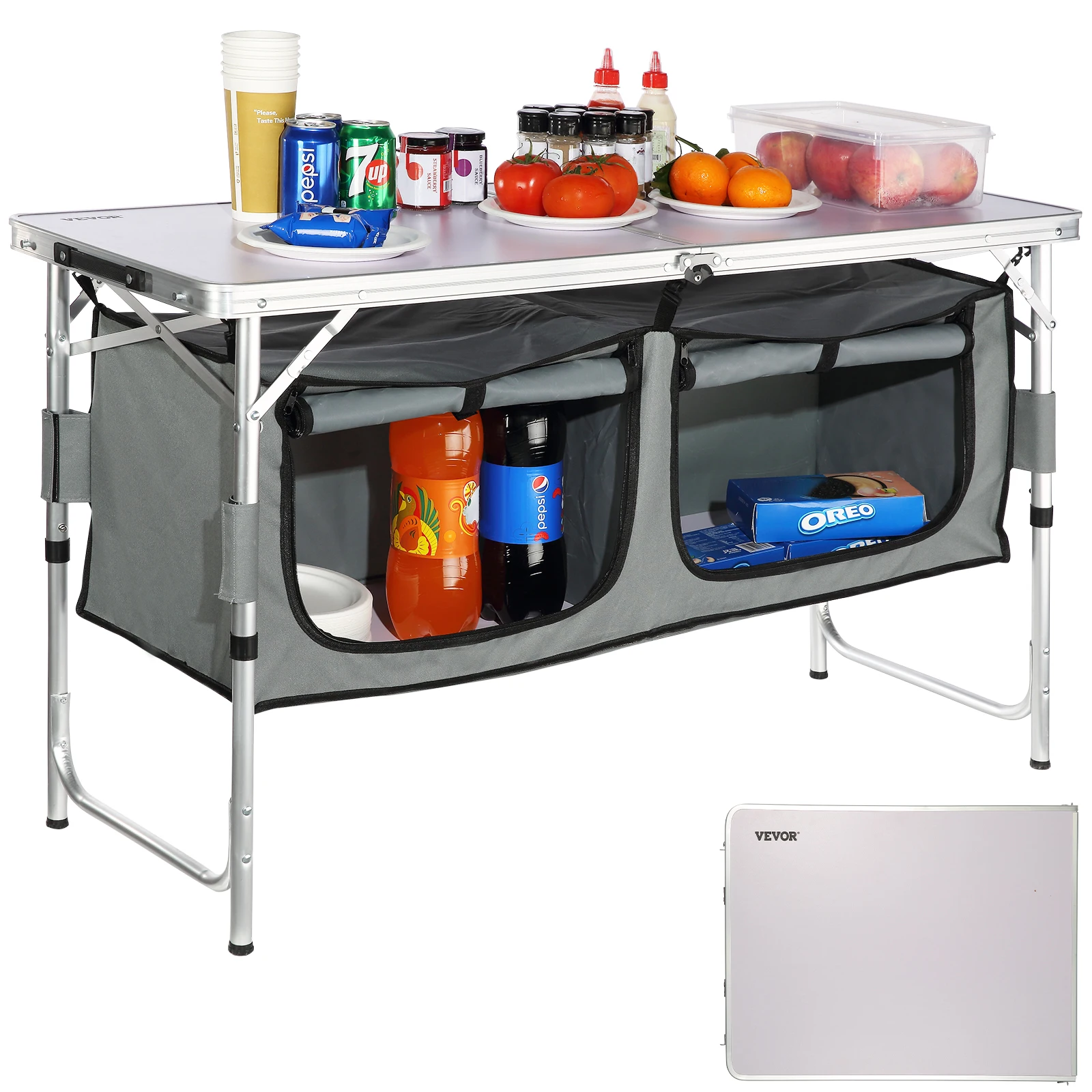 VEVOR Folding Picnic Table Kitchen Camping Cupboards Aluminum Suitcase Table W/ Storage Bag Adjustable Height for Outdoor Garden