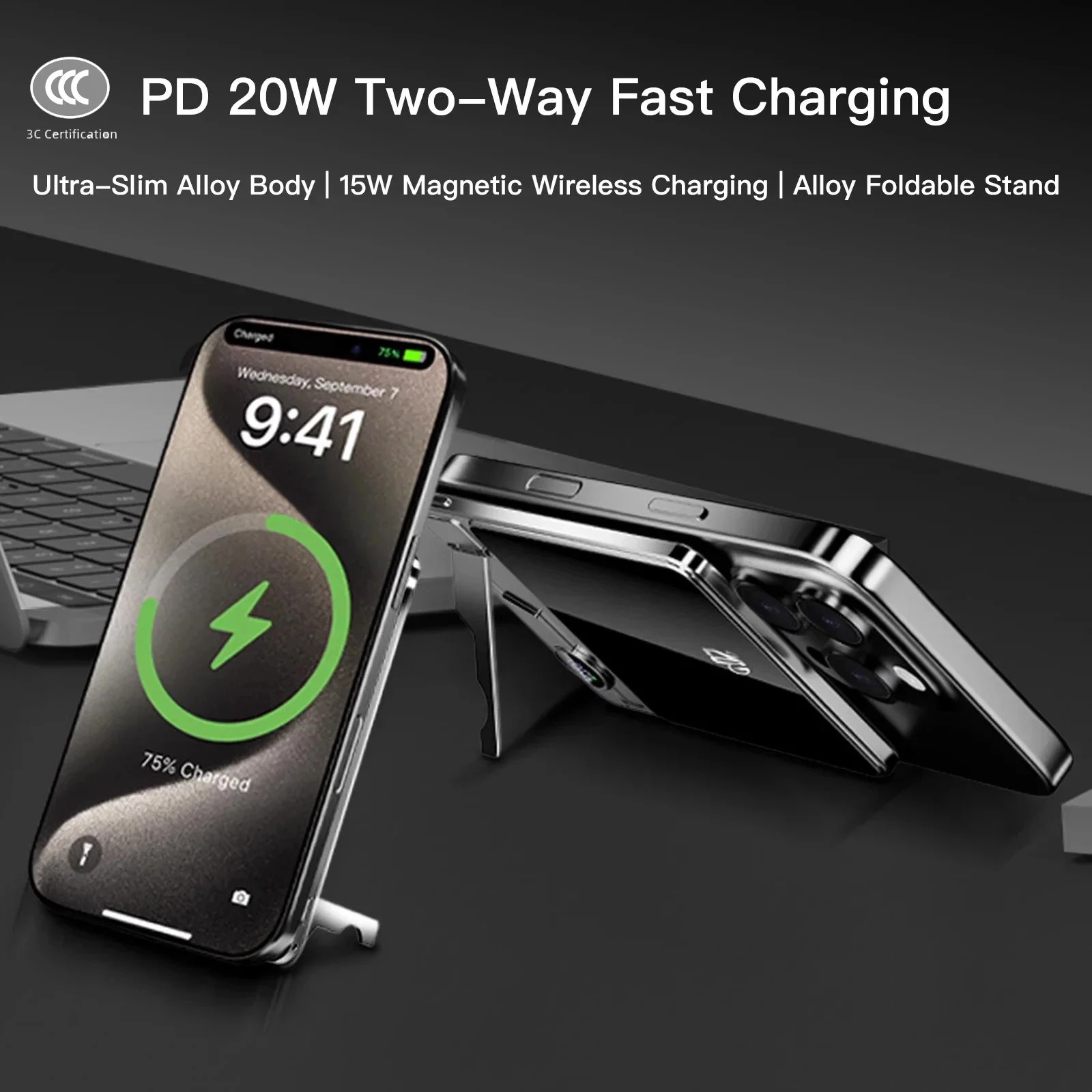 CCC Certified 10000mAh Magnetic Power Bank 22.5W Fast Charger for iPhone Watch AirPods Mecha Metal Body Display Airplane Safe