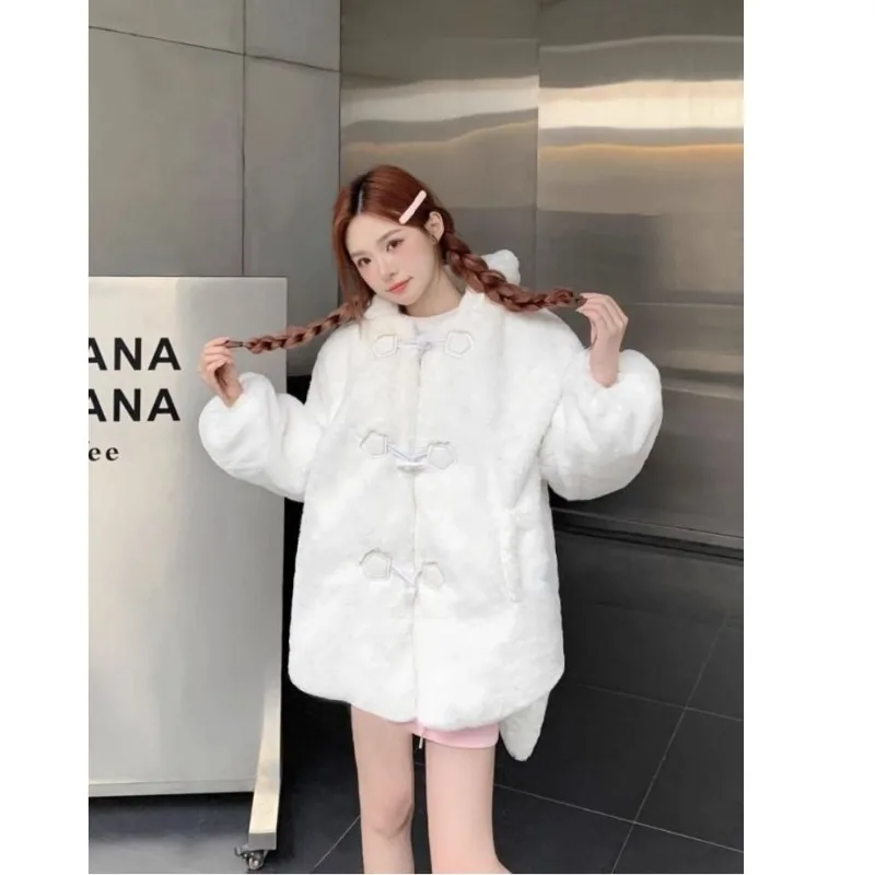 Lautaro Winter Oversized Warm White Faux Fur Coat Women ith Bunny Ears Kawaii Sweet Cute Japanese Style Fluffy Jacket Hoodie