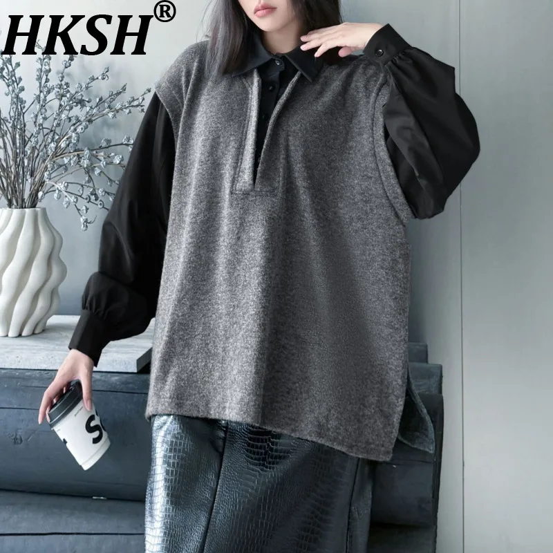 

HKSH Spring Autumn New Women's Fake Two-Piece Tops Knitted Sweater Patchwork Shirt Color Block Niche Design Elegant Chic HK14429