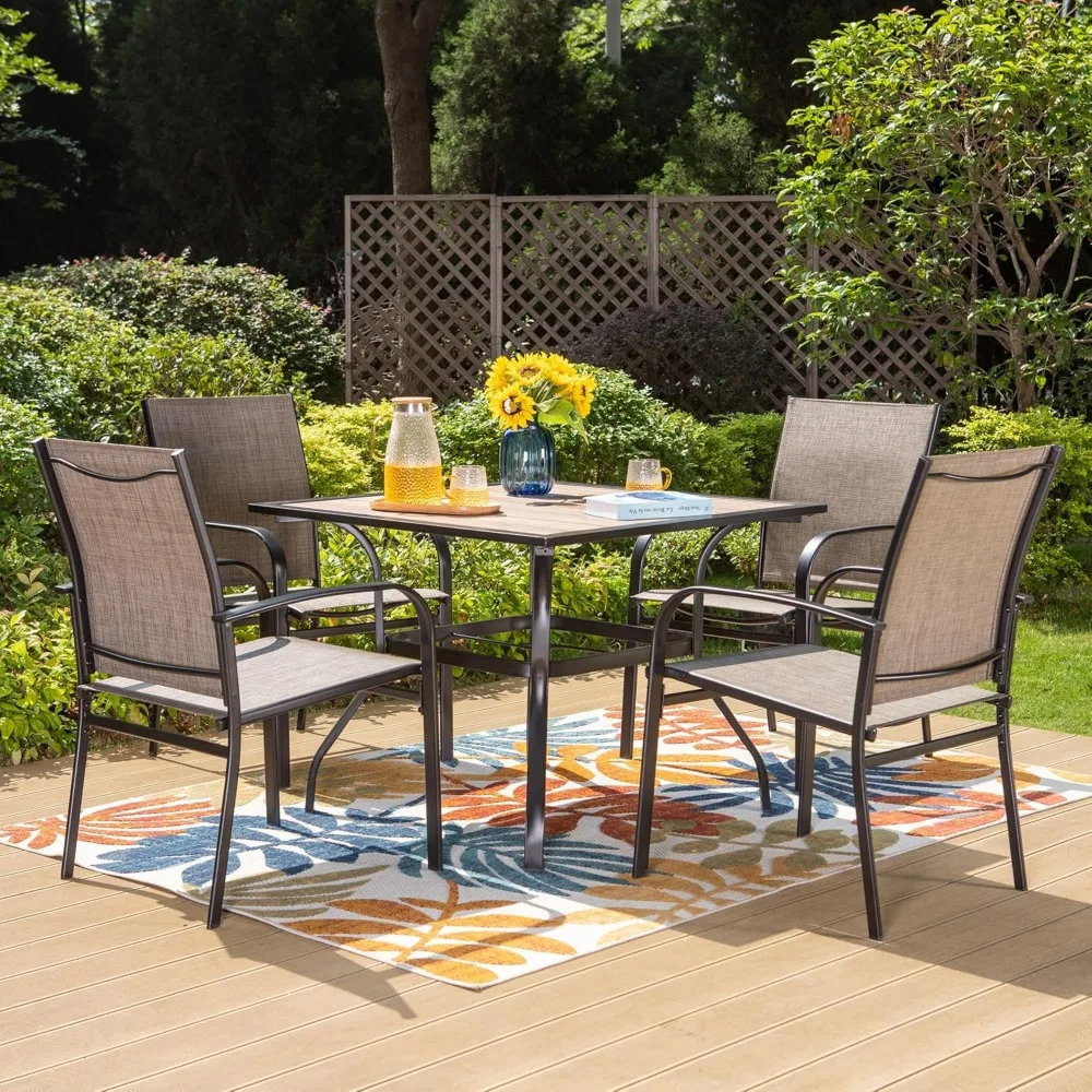 

HERA'S HOUSE 5 Piece Patio Dining Set, 4 x Brown Textilene Dining Chair and 37" Square Wood-Like Dining Table with Umbrella Hole
