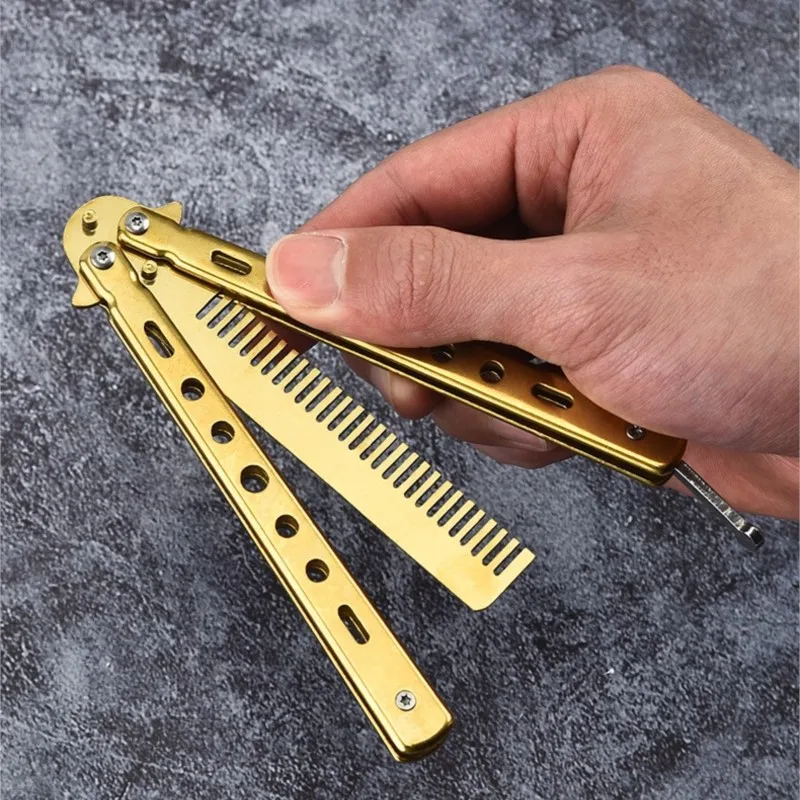 Foldable Comb Stainless Steel Practice Training Butterfly Knife Comb Beard Moustache Brushe Salon Hairdressing Hair Styling Tool