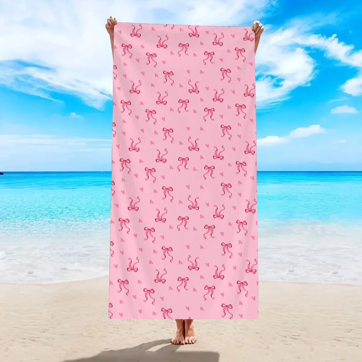 

Pink Bow Heart Print Beach Towel Polyester Quick Dry Sand Free Large Bath Towels for Summer Pool Swim Vacation Travel Blanket