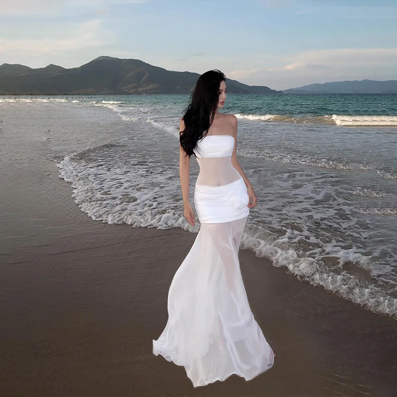 

2025 High-end Vacation Style Sexy Sheer Mesh Floral Strapless with a Sense of Design, Slim Fit, Elegant Long Women Dress C001