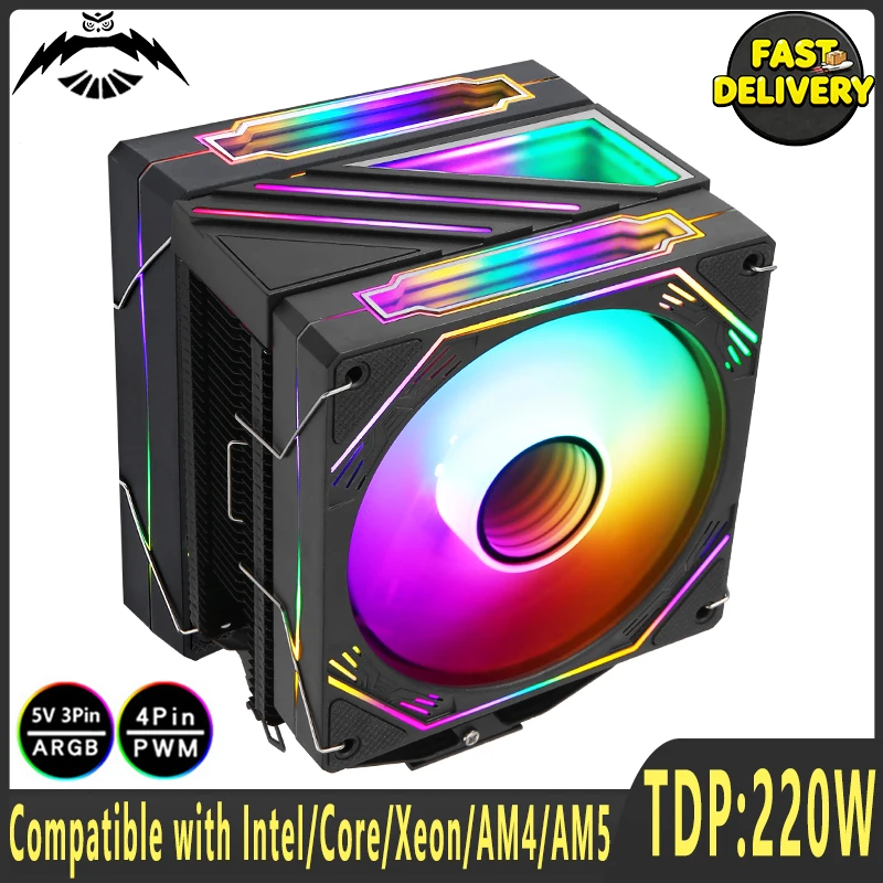 

AM5 AM4 Cooler 120mm ARGB CPU Fan 4pin/PWM install LGA2011 2066 115x 1200 1700 1851 Black 4/6 Heat Pipes Radiator x99 Processor
