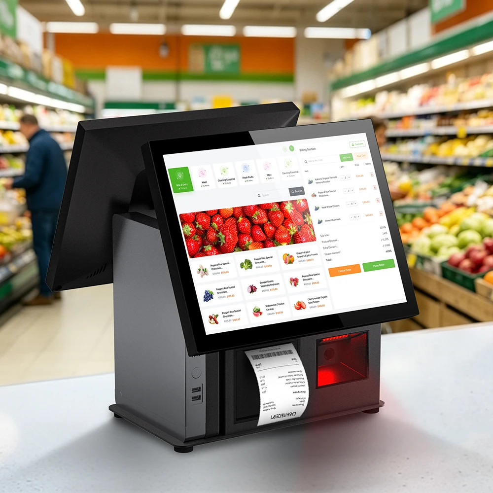 Compact POS System 15.6 Inch POS Terminal Integrated Printer Scanner Module Aluminum Base Support Windows 10 11 for Store