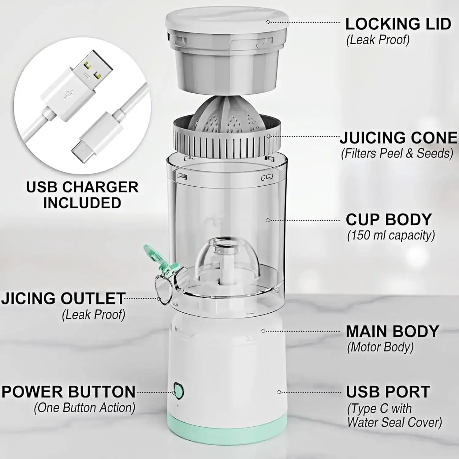 Juicer dengan kabel USB untuk buah jeruk, Juicer jeruk mudah dibersihkan untuk jus jeruk segar, peras jeruk, Lemon, Kiwi, dan Gr