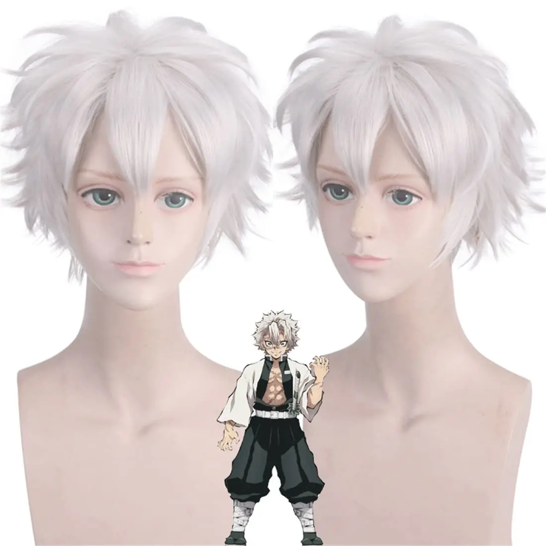 Shinazugawa Sanemi Cosplay Wig Short Sliver White Hair Halloween Party Role Play Anime Demon Slayer Synthetic Wig for Men