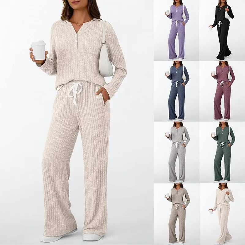 2025 Autumn Winter High End Two Piece Set Women Featuring V Neck Outerwear Wide Leg Pajama Pants Button Airport Travel Outfit
