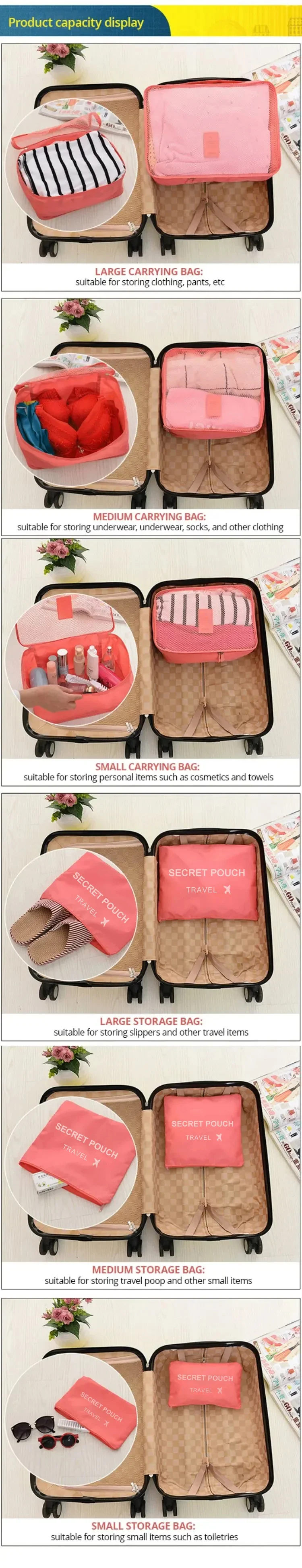 6-teiliges Reise-Aufbewahrungsset, große Kapazität, Organizer-Set für Kleidung, Kofferbeutel, Schuhbeutel, Packwürfel – Detail 2